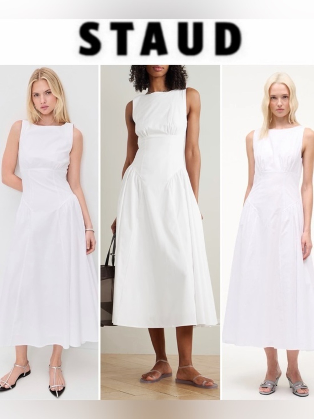 STAUD Gwen Shaped Waist Stretch Cotton White Sleeveless Midi Dress Sz 6 NWT $395